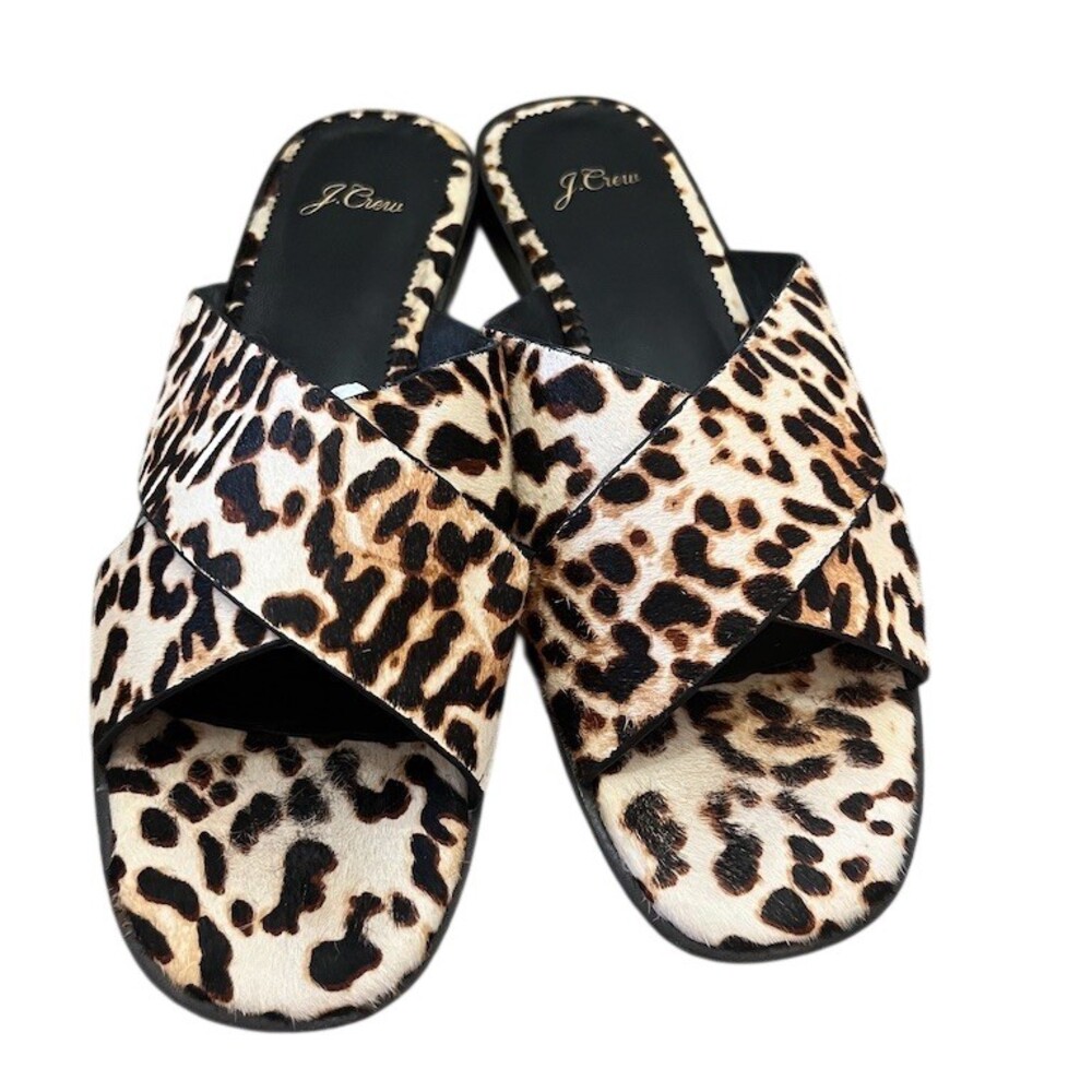 J.Crew Slide Sandals Womens Size 10 Ivory Black Leopard Cross Strap Flat - Picture 2 of 5